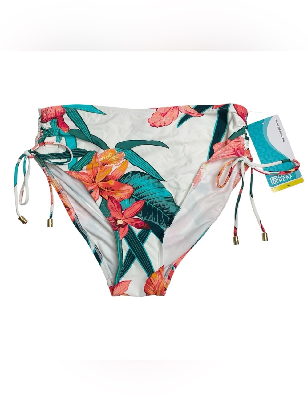 Coco Reef Island Flora Shirred High Waisted Bikini Bottoms White Medium New